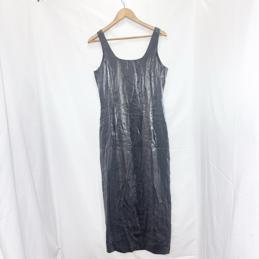Vintage Y2K Metallic Silver Gown Scoop Neck Column Sleeveless 10 Slit Maxi Dress